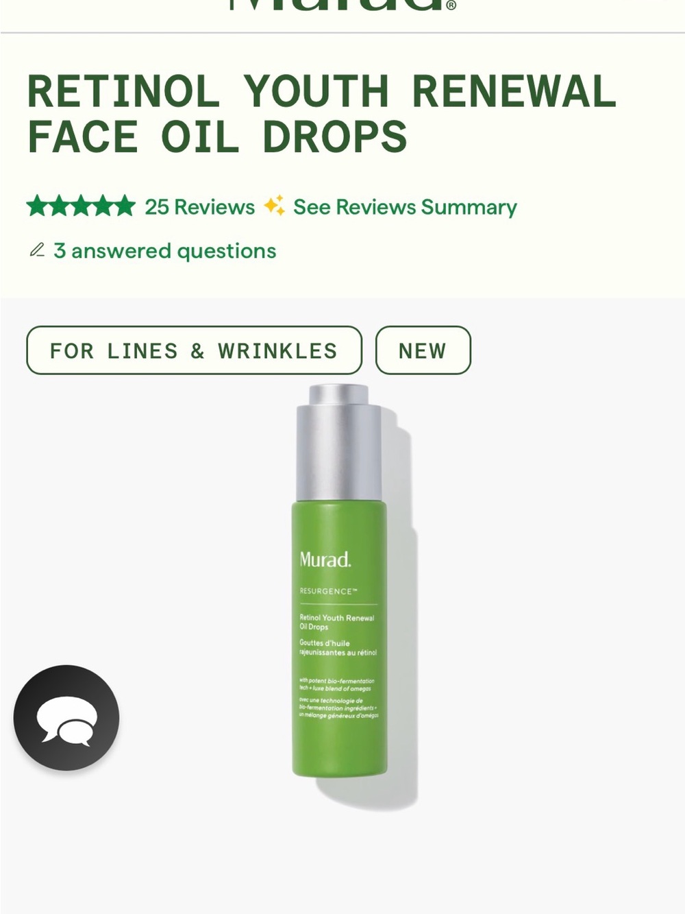 Murad Retinol Youth Renewal Face Oil Drops - Green